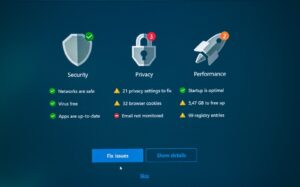 Security, privacy, and performance status with fix options.